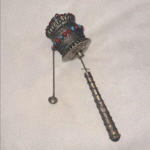 Tibetan Prayer Wheel Antique Prayer Inside Silver Metal & Turquoise Carnelian